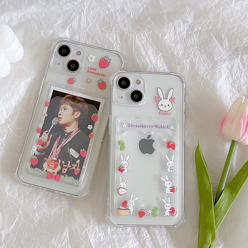 Soft Case Transparan Desain Kelinci Strawberry Untuk iPhone 12 13 Pro MAX 11 X XR XS MAX 7 8 Plus