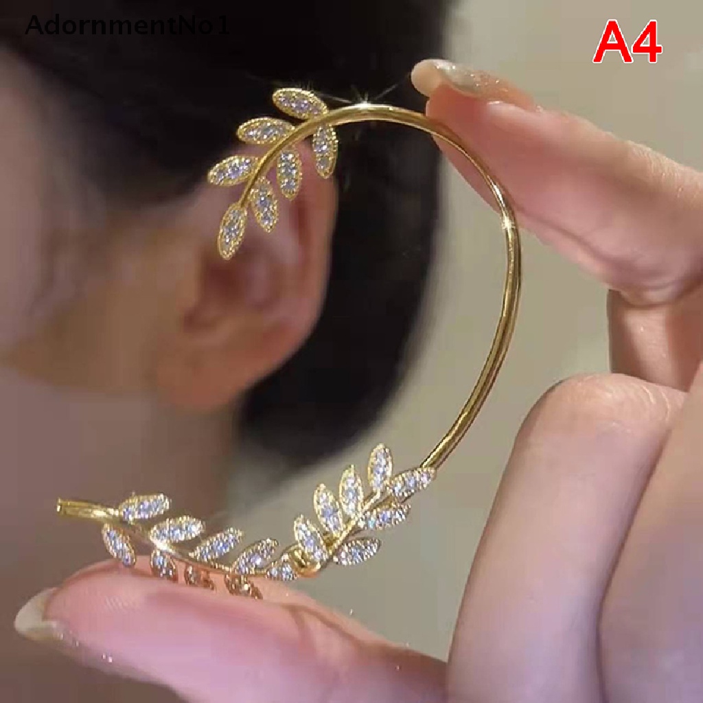 (AdornmentNo1) Anting Klip Tanpa Tindik Motif Daun Aksen Kristal Berkilau Untuk Perhiasan Wanita