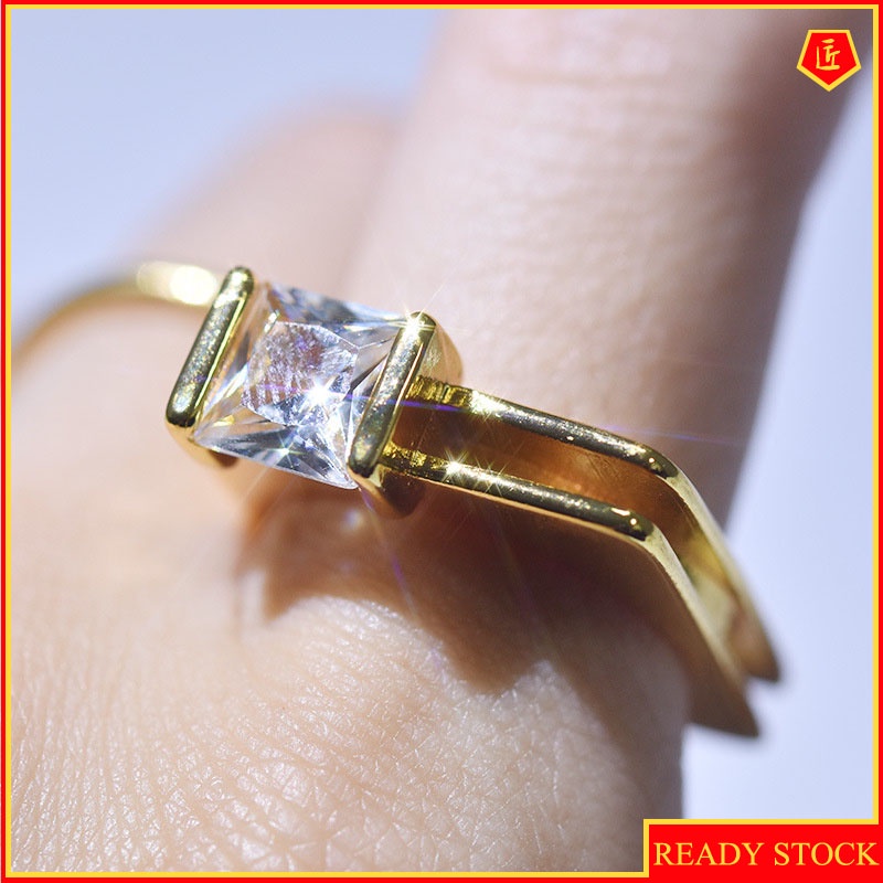 [Ready Stock]Creative Geometric Diamond Square Gold Ring