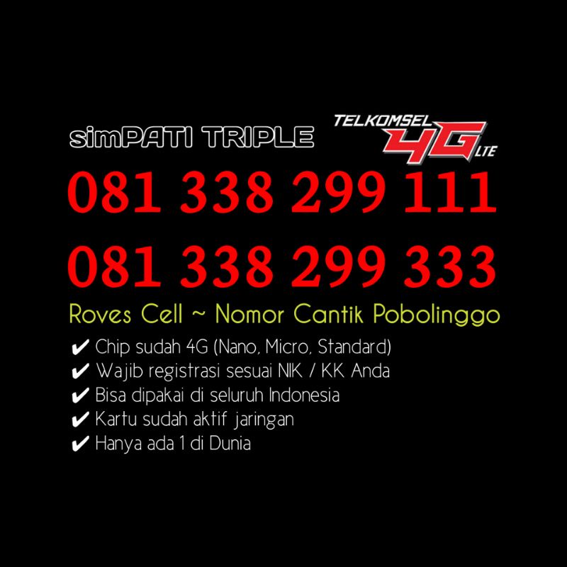 NOMOR CANTIK TELKOMSEL 4G LTE SIMPATI TRIPLE EKOR 111 222 333 666 999 HOKY RAPI