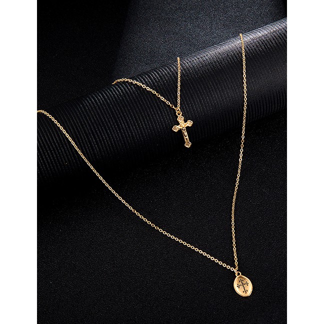 LRC Kalung Fashion Gold Alloy Geometry Drops Cross Multilayer Necklace F91793