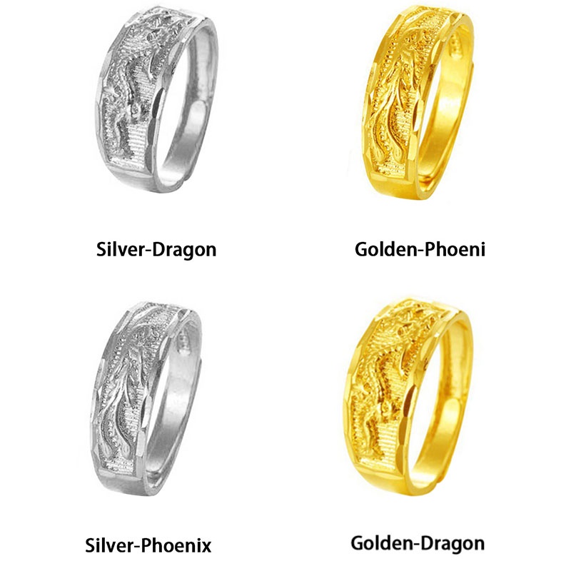 Tembaga Murni Berlapis Emas Pernikahan Naga Dan Phoenix Cincin Terbuka Untuk Pria Dan Wanita Pasangan Cincin Pasir Imitasi Emas
