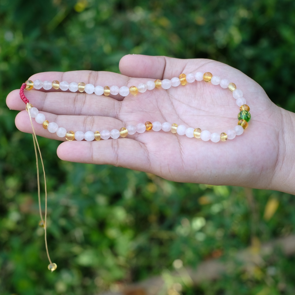 Kalung Amber Baltic Lemon Glossy X Rose Quartz [Resizeable] - 2180