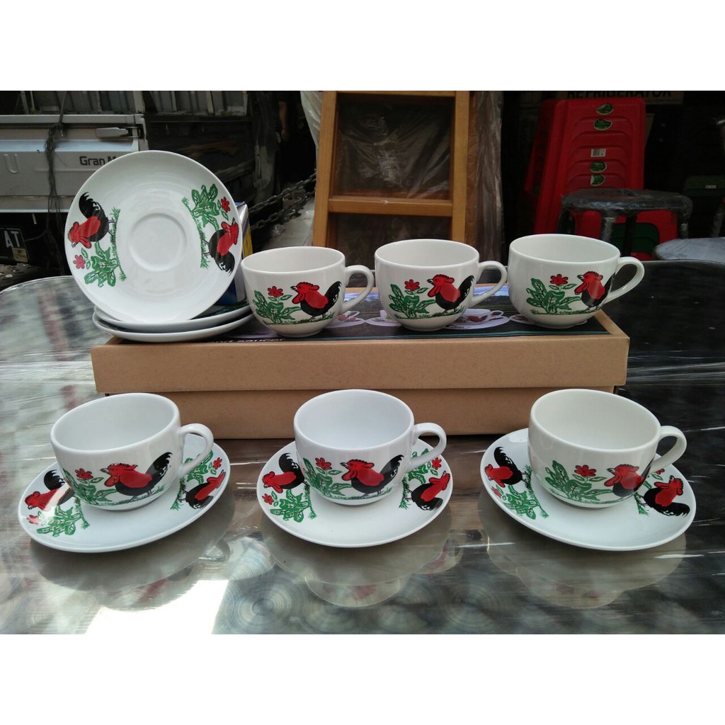( KHUSUS GOJEK ) Rooster Set Tea Cup & Saucer /Cangkir Set / Gelas