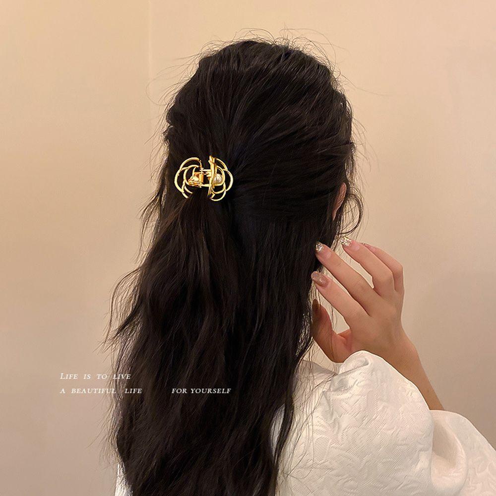NEEDWAY Needway Camellia Hair Claw French Retro Metal Handmade Berlubang Keluar Bunga Jepit Gaya Korea Hiu Klip