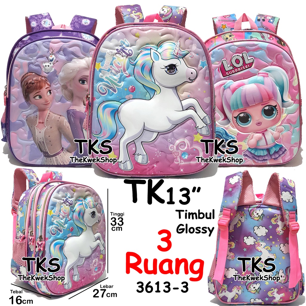 Tas Sekolah TK SD Anak Perempuan Ransel Sekolah Glossy Timbul Ice Cream Boba Unicorn Kuda Pony