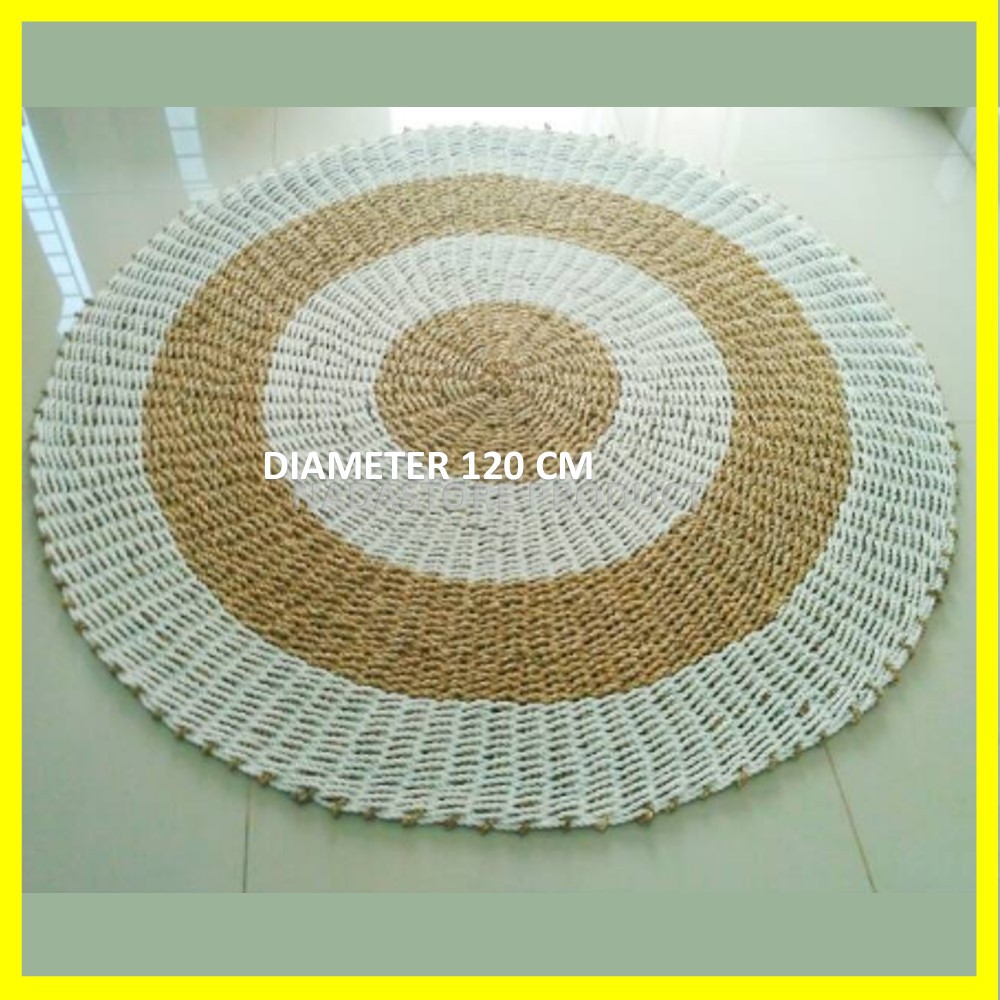 Rug Seagrass 120 cm Motif Putih Natural Kombinasi / Tikar / Karpet bulat anyaman