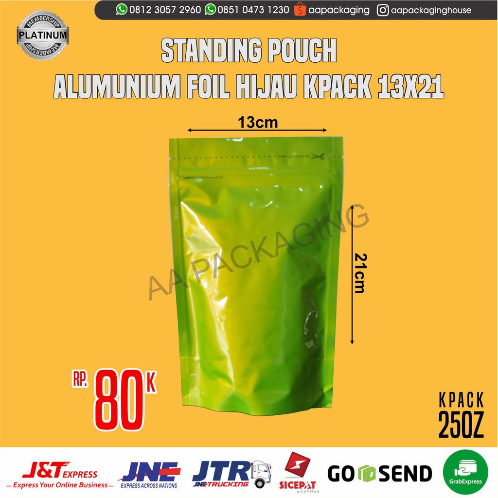 Standing Pouch Zipperlock FULL FOIL HIJAU13 x 21 merk kpack