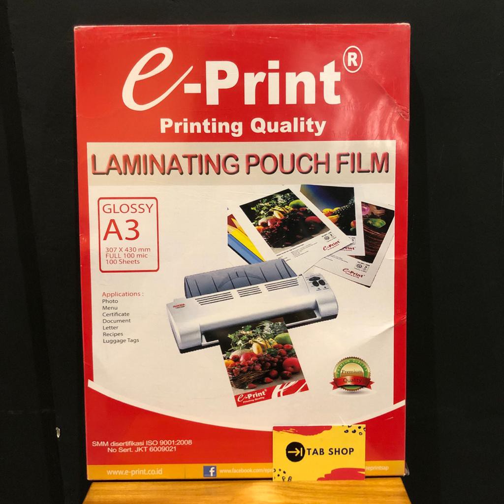 

TAB SHOP - EPRINT LAMINATING POUCH A3 100 MIC 100 SHEETS - E-PRINT LAMINATING LAMINASI PANAS A3 100 MIC 100 SHEETS