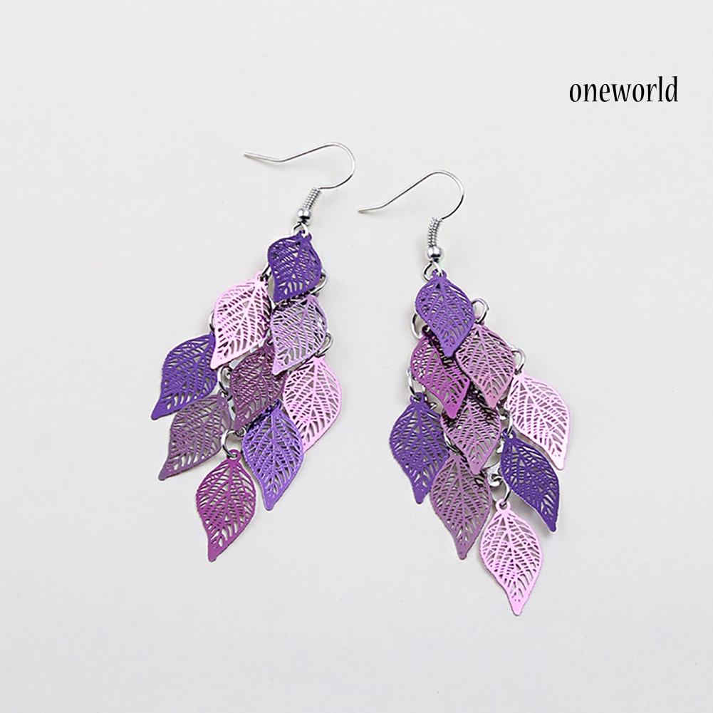 OW@ Lady Colorful Multi Layers Hollow Leaf Elegant Hook Earrings Jewelry Decor