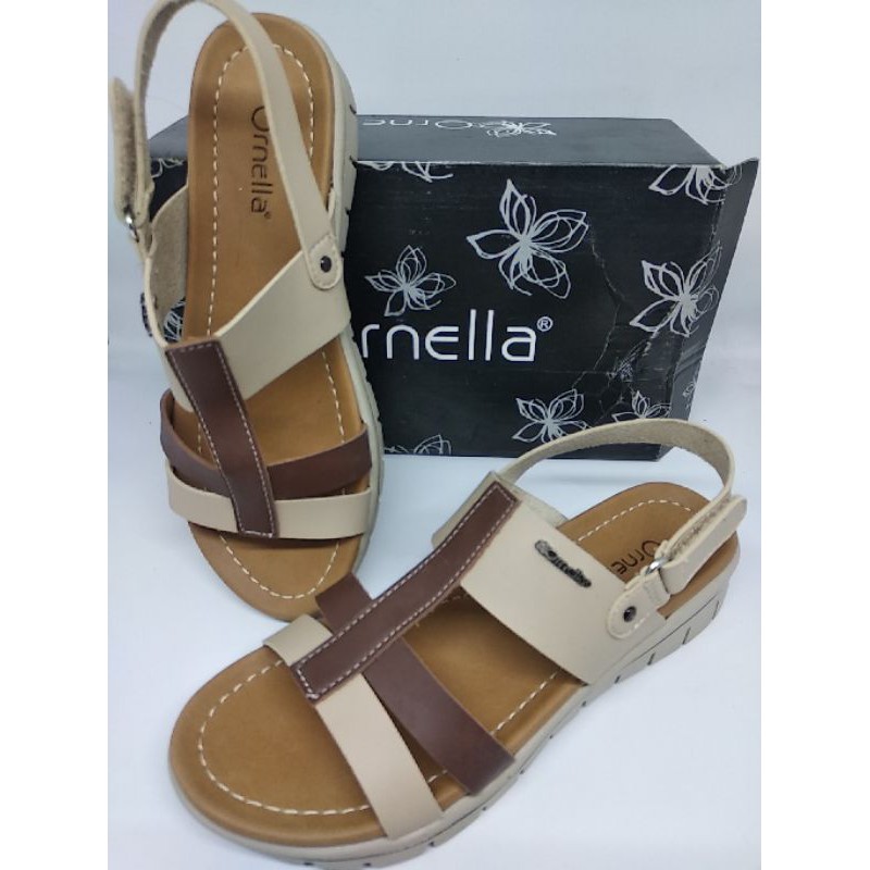 Sendal Wanita Bertali Wedges ornella Kar 98 Krem- coklat