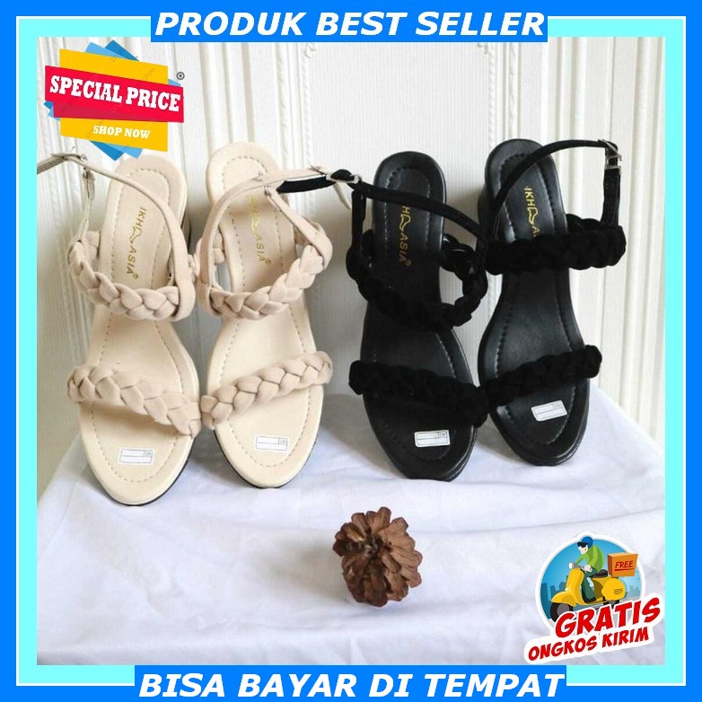 Paket Hak Tahu Kaca + Tas Korea Wanita Murah Import High Heels Sendal Cewek Sandal Heals Kekinian He