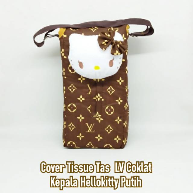 Tempat Tisu Mobil Model Tas LV Coklat Kepala Hello Kitty Putih