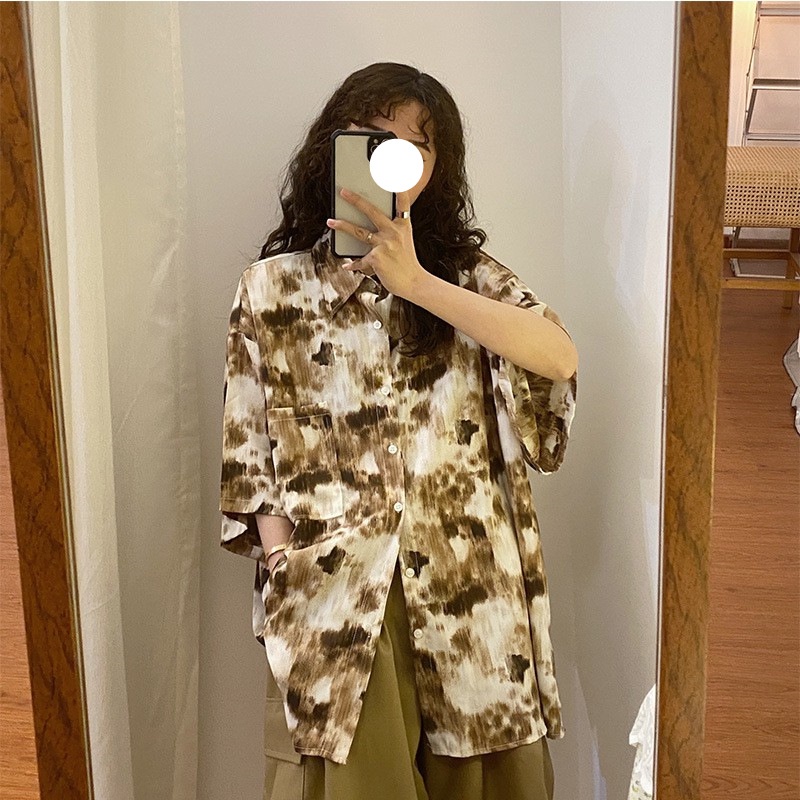 #Sisjuly# Musim Panas Retro Gaya Hong Kong Floral Tie-Dye Lengan Pendek Polo Shirt Wanita Harajuku Longgar Nic