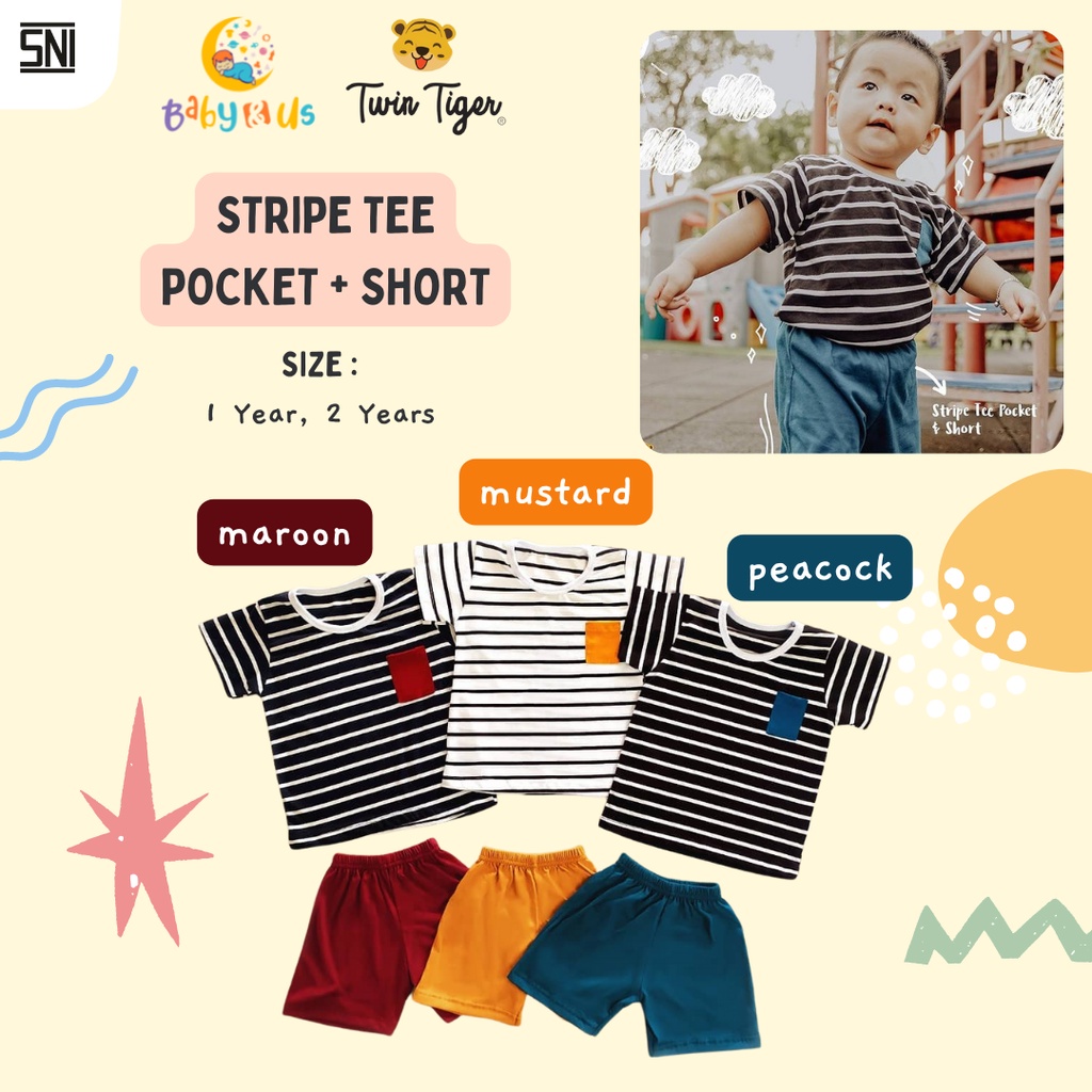 Twin Tiger Baby Stripe Tee Pocket - Setelan Kaos Anak Garis Lengan Pendek Celana Pendek 1 dan 2 tahun