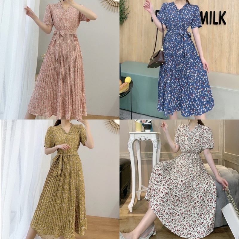 LIORA FLORAL DRESS KOREAN VINTAGE PASTEL V-NECK BUNGA FLOWER KOREA MIDI CASUAL SUMMER LOOK SIMPLE BU
