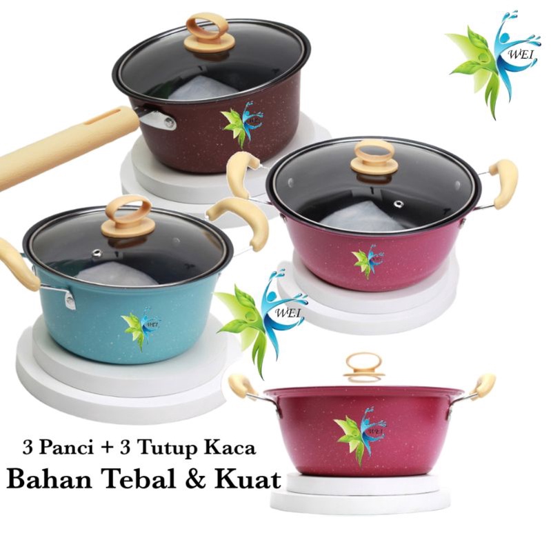 HATO - Panci Set isi 3pcs - Panci Serbaguna + Tutup Kaca - Panci Anti Lengket