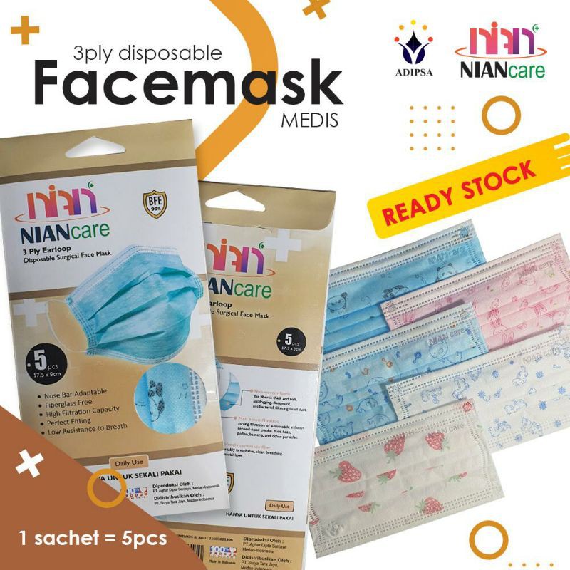 MASKER / MASKER MEDIS / MASKER 3 PLY / MASKER KESEHATAN / MASKER MEDIS NIAN CARE SACHET 5 PCS MOTIF