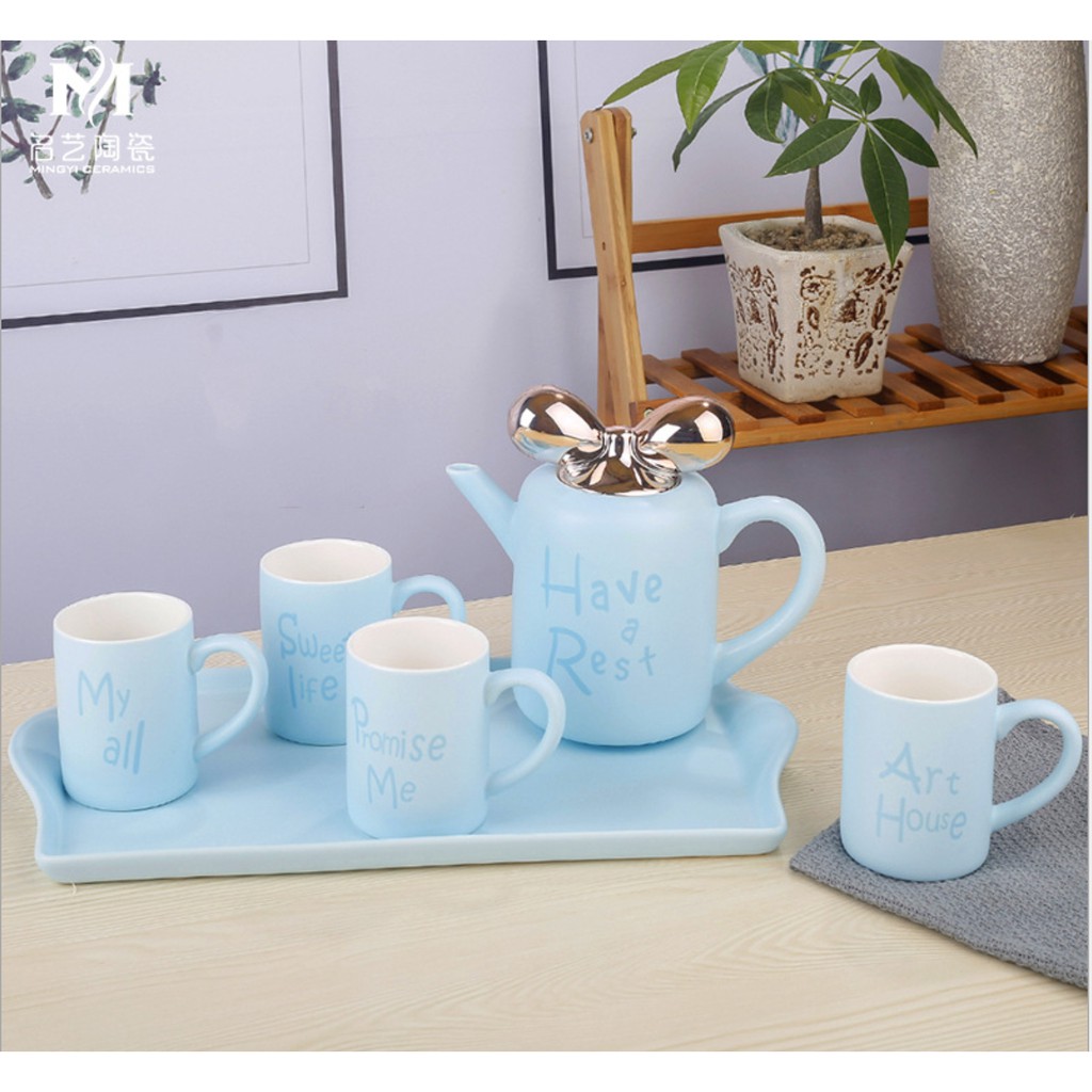 Ceramic Pastel Tea Pot Set / Peralatan Minum Teh Keramik Teko Cangkir Nampan