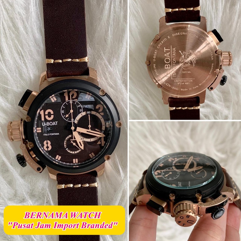 Bayar Di Tempat Jam Besar Mewah Uboat Hitam Rose Baterai 48mm Spesial Kaca Safir Garansi 1th