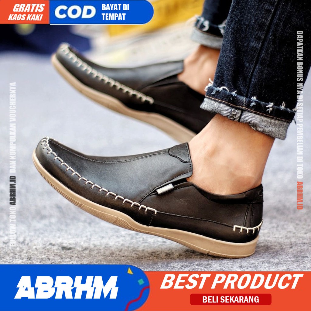 ABRHM X DIVOC Sepatu Casual Slip On Pria Sepatu Pria Casual Kulit Asli Sepatu Slop Anti Slip Cowok Sepatu Kasual Cowo Semi Formal Pantofel Kerja Kantor Kuliah Kondangan Gaya Santai Keren Kekinian Original Terlaris