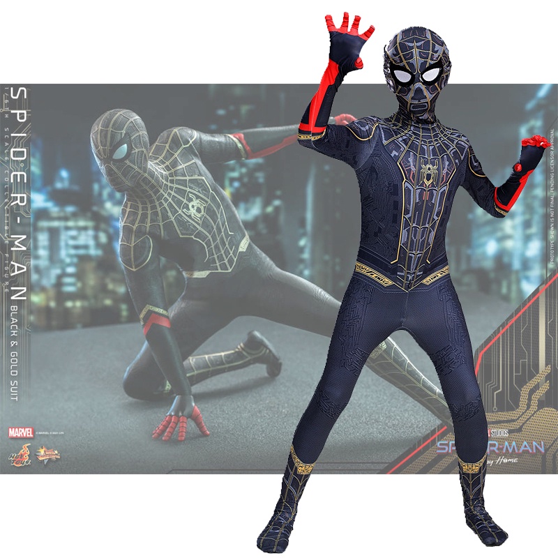 Voucher Shop SpiderMan Costumes &lt;No Way Home&gt; gaya yang sama seperti film Spider-Man jas hitam permainan kostum anak lompat