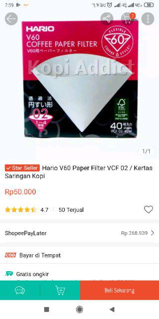 Hario V60 Paper Filter Vcf 02 / Kertas Saringan Kopi