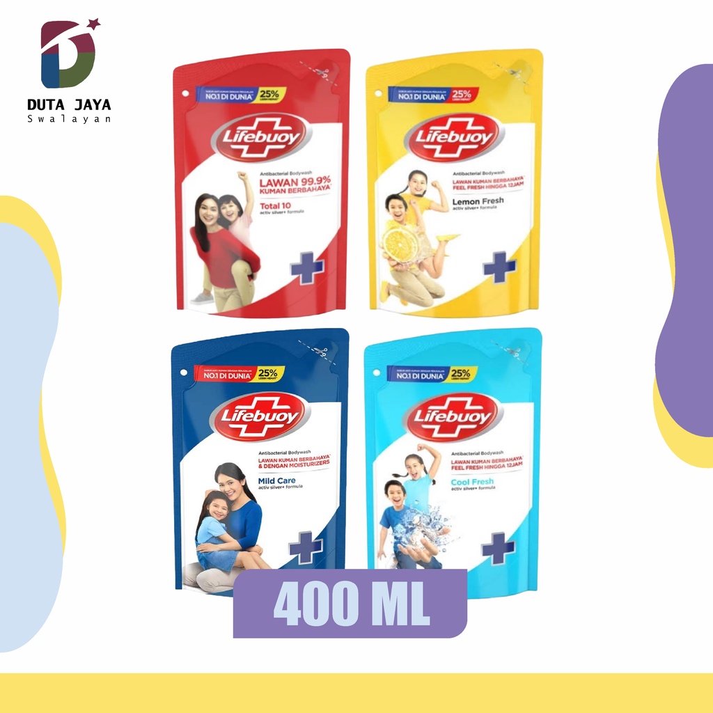 Body Wash Lifebuoy Sabun Cair Total 10, Lemon, Mild Care, Cool Fresh Refill Pouch 400 ML