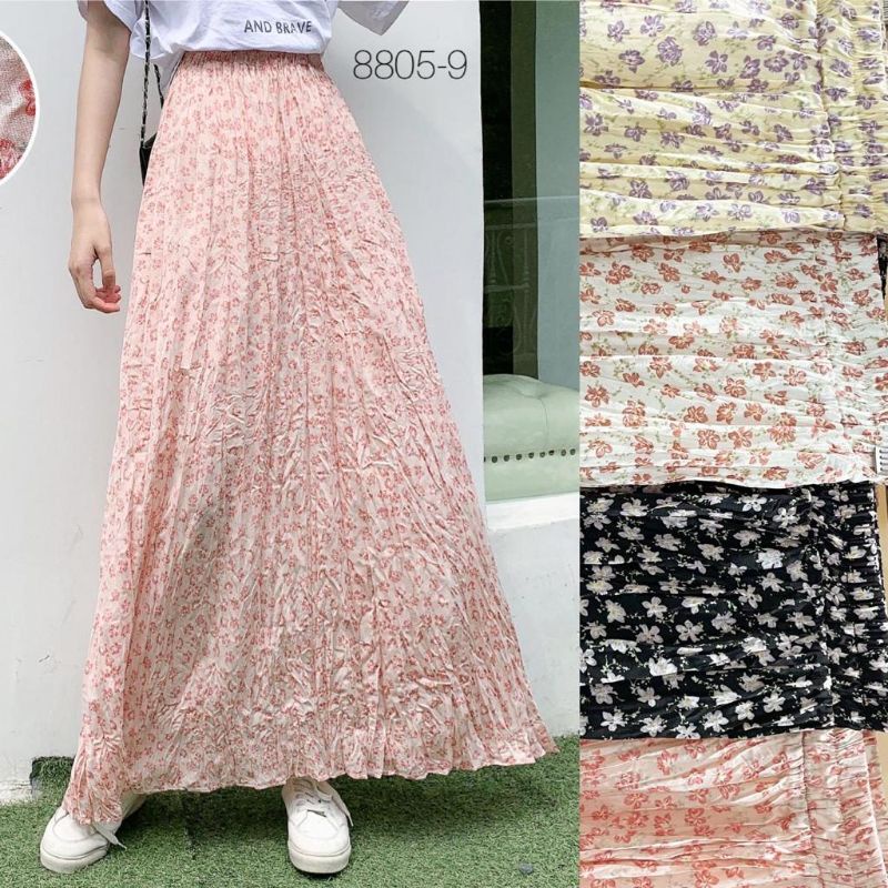 Korean Chiffon Flower (8805-9) Pleated Long Skirt Import Premium