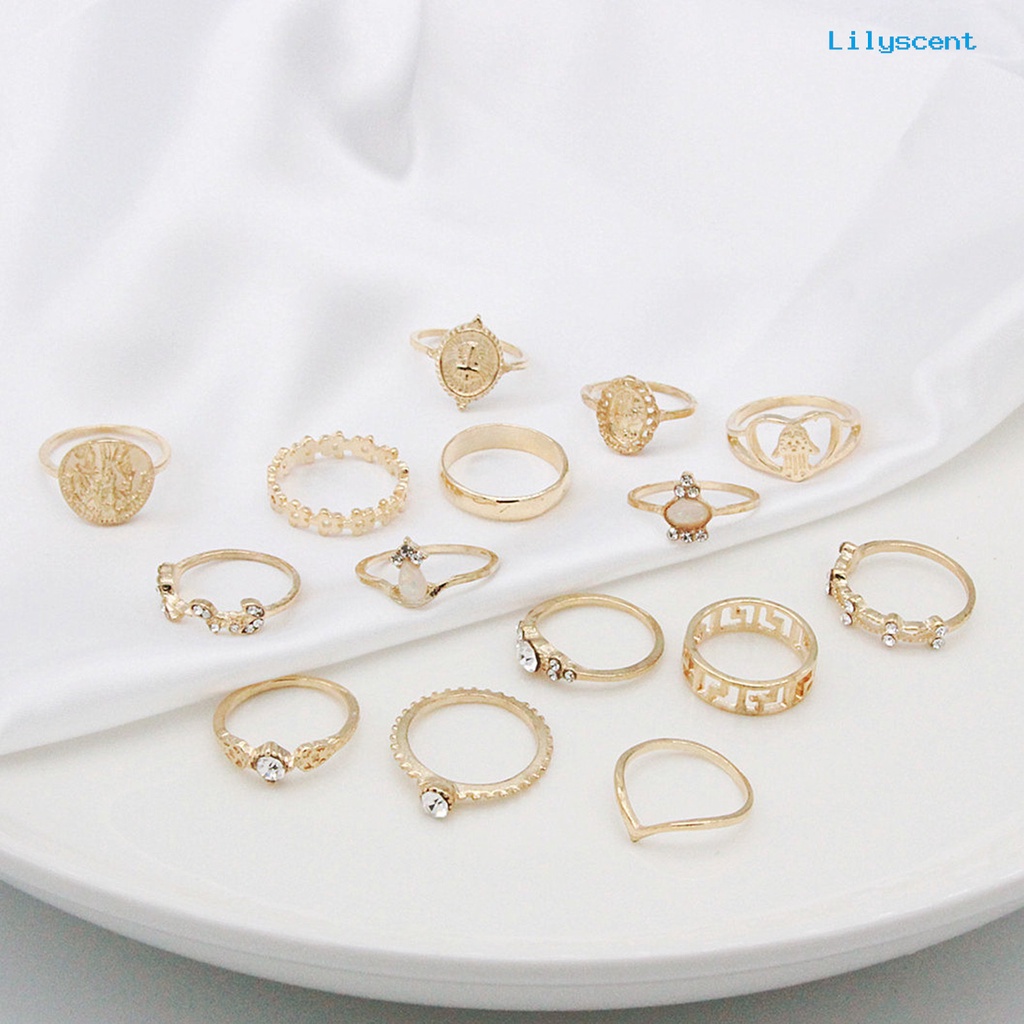 15 Pcs Cincin Knuckle Stackable Bahan Alloy Bentuk Hati Model Hollow