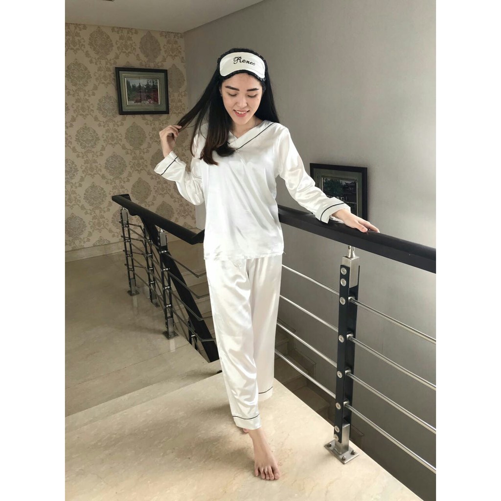 BAJU TIDUR WANITA RENNE SATIN POLOS WARNA PUTIH PIYAMA POLOS WANITA DEWASA CELANA PANJANG