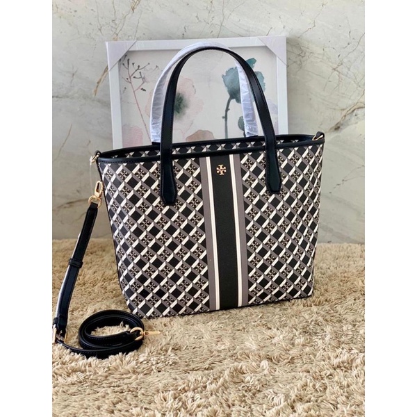 TB Geo Logo with stripe mini top zip tote bag Color Black