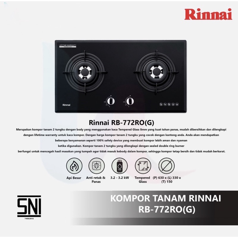 [ Rinnai ] Kompor Gas Tanam Kaca / Tempred Glass Rinnai RB-772 RO - 2 Tungku - Build in HOB