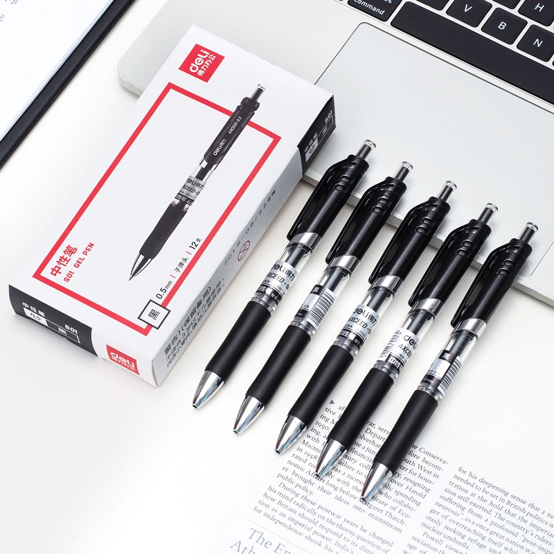 HAPPY TIME DELI PULPEN GEL PEN GEL S01 0.5mm TINTA WARNA HITAM BALLPOINT RETRACTABLE DESIGN KLASIK ALAT TULIS KANTOR SEKOLAH