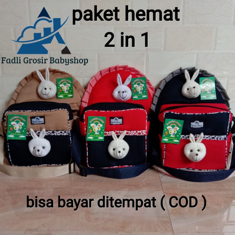 Paket Hemat ( 2 in 1 ) Tas Bayi Strip Boneka Dan Gendongan Bayi Samping Topi Boneka