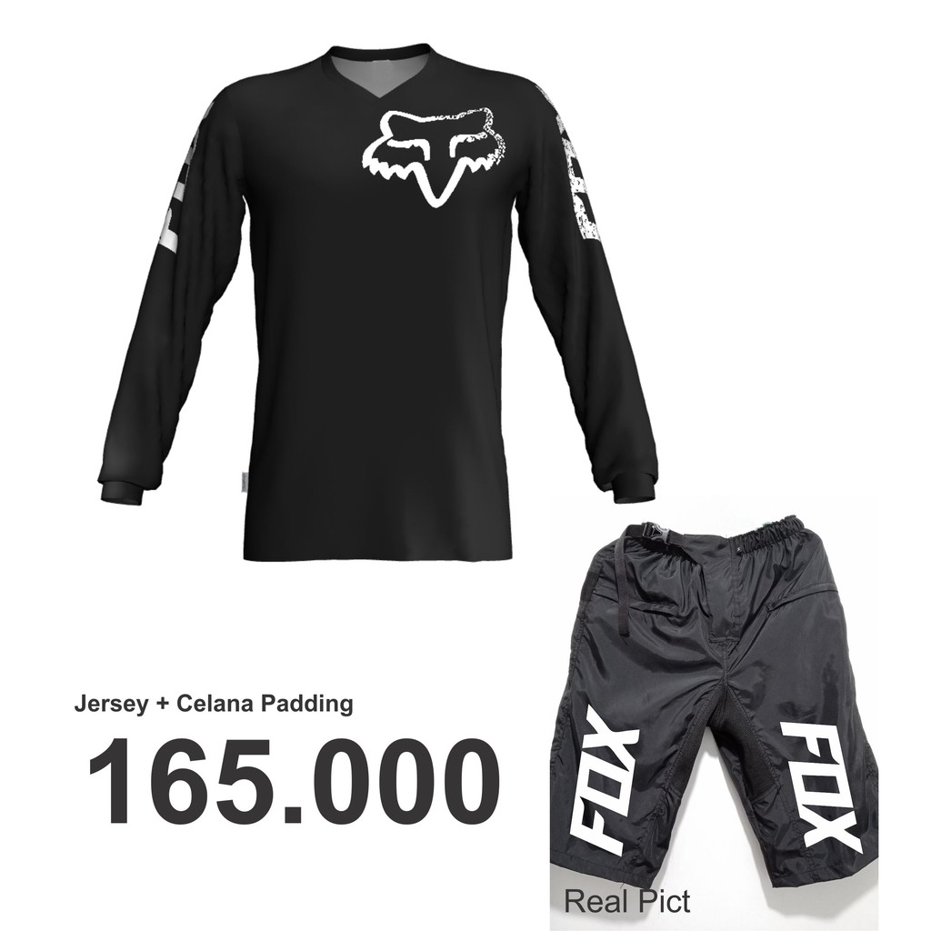 Celana Sepeda Padding Fox dan Jersey Fox Hitam List putih