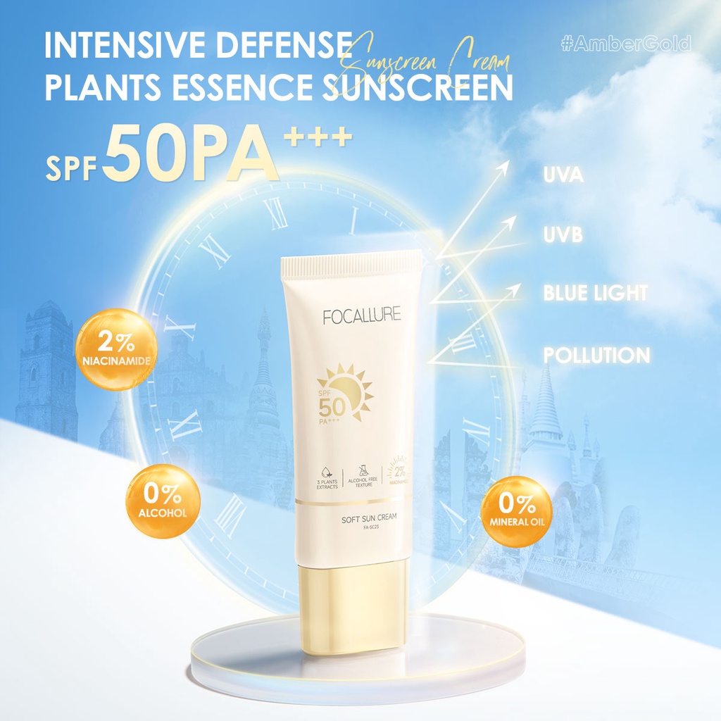 FOCALLURE #AmberGold 4-in-1 Intensive Defense Sunscreen Gel SPF50PA+++ 0% Alcohol Hyaluronic Acid Melembabkan Non-comedogenic
