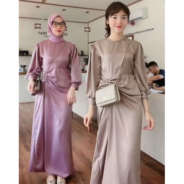 Abelia Dress - baju gamis Dewasa Bahan Sateen Velvet Adem untuk hijab dan non hijab