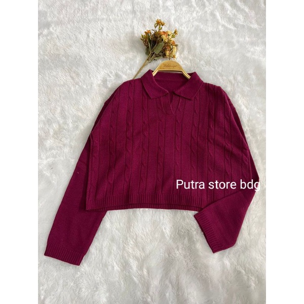 EIRA POLO CABLE KNIT// SWEATER CROP BLOUSE WANITA