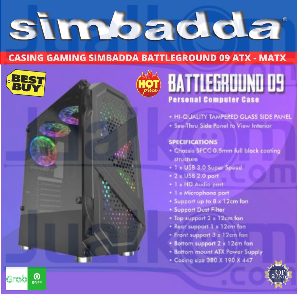 Casing Simbadda BattleGround 09 ATX mATX Tempered Glass Computer Case Gaming BG09