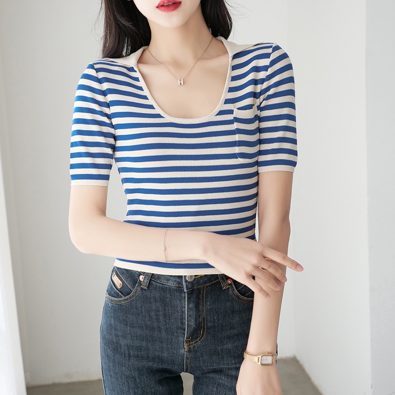 【Elegant】Summer  Stripe Tight Knitted Short Sleeve T-Shirt 7385