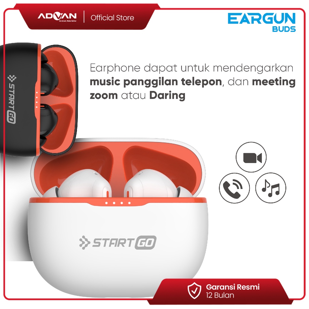 Advan StartGo Eargun In-Ear TWS Earphone Bluetooth Waterproof Garansi Resmi - Putih