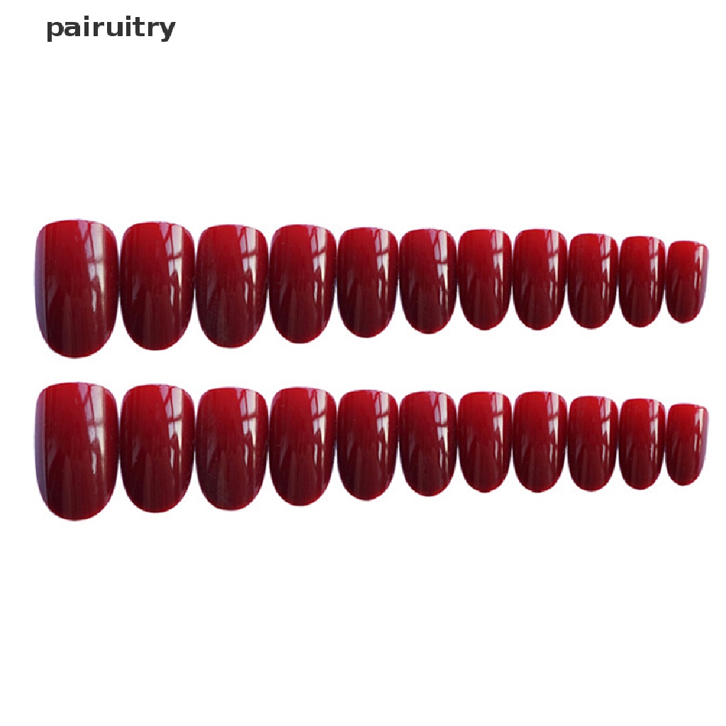 24pcs Kuku Palsu Kepala Bulat Warna Red wine Dengan Lem Untuk Dekorasi Manicure