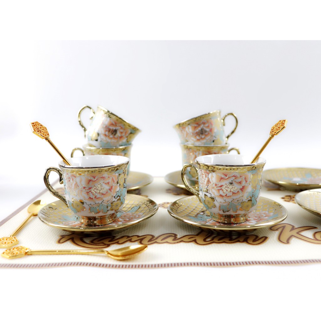 Cangkir Teh Keramik Motif Bunga Gold Set 12pc