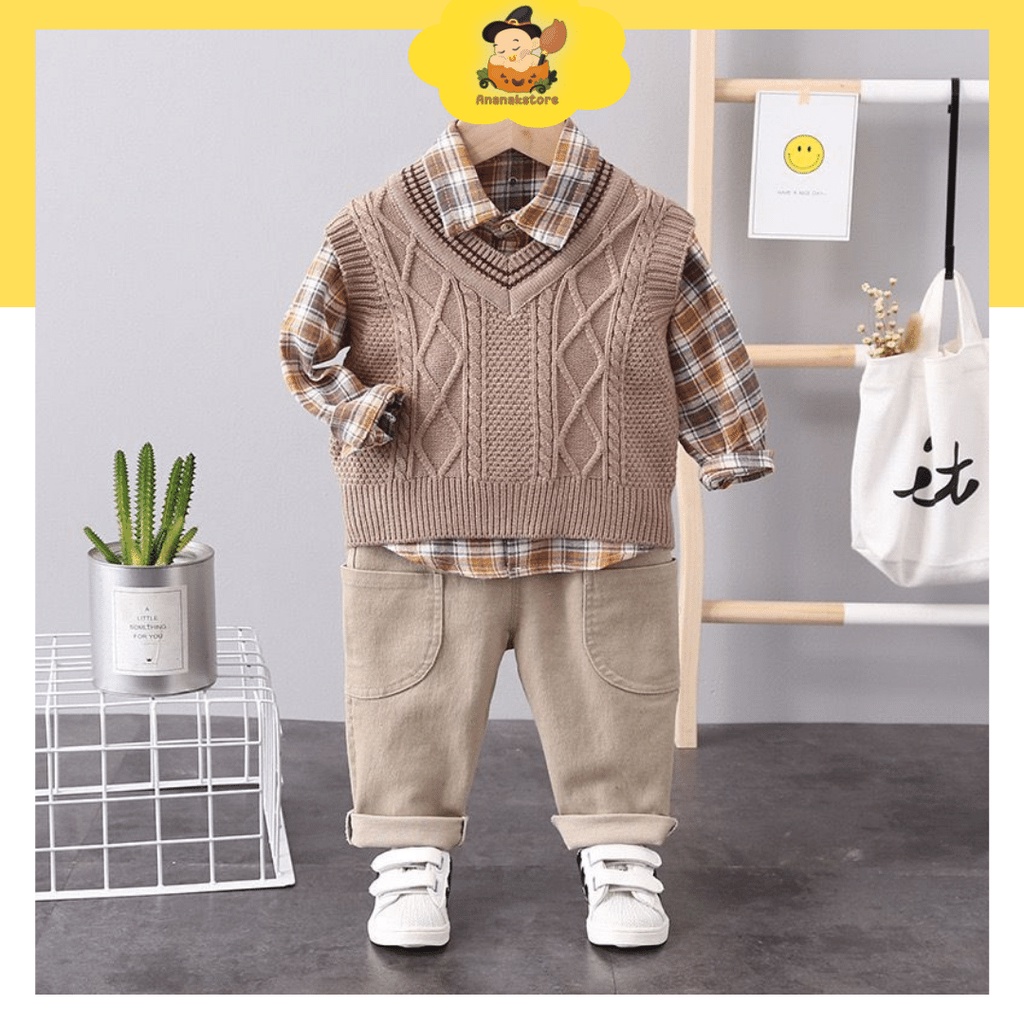 Setelan baju anak laki laki 0-4 tahun 3in1 model BASIC BROWN / Baju Anak laki laki SWEATER PERMIUM