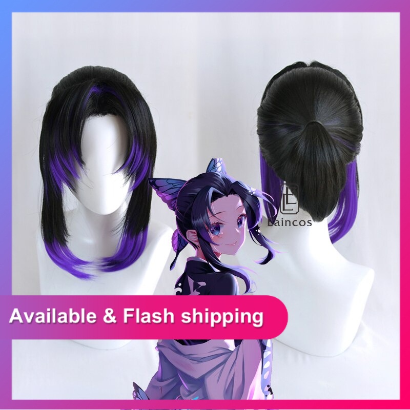 Shinobu Wigs Hair Demon Slayer Kimetsu Yaiba Kochou Cosplay Headwear Heat Resistant Synthetic Anime