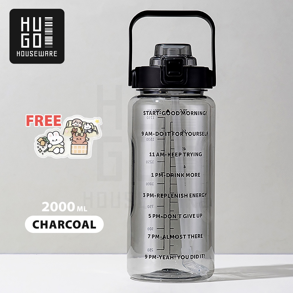 HUGO Botol Minum Motivasi 2 Liter Bening BPA FREE Gratis Stiker-Hitam