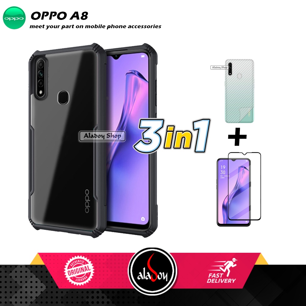 Case Oppo A8 Armor Fushion Transparent Casing + Tempered Glass Full Layar dan Skin Carbon