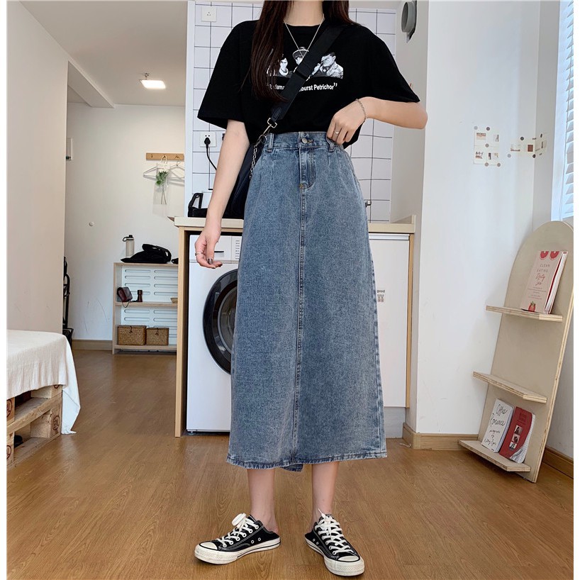 Rok midi A-line denim high waist all-match skirt Korea style baru wanita