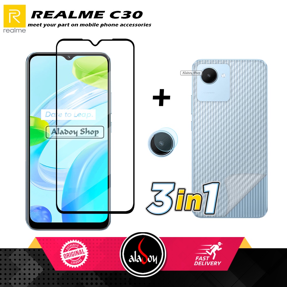 PROMO 3 IN 1 PAKET Tempered Glass Realme C30 2022 Free Tempered Glass Camera dan Skin Carbon